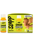 Slapp Ginger Probiotics wellness shot with apple cider vinegar for digestion, shown as a single bottle and 12-pack box with yellow packaging, ginger slices, and the tagline - To fight your hardest mornings.