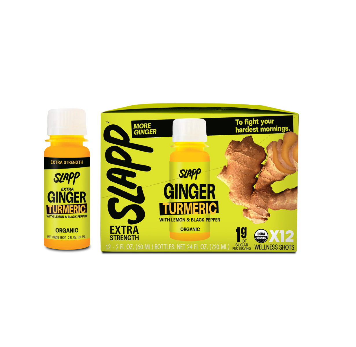 Slapp Extra Strength Ginger Turmeric wellness shot bottle and 12-pack box with bold yellow packaging, ginger slices, and the line : More Ginger | To fight your hardest mornings. 